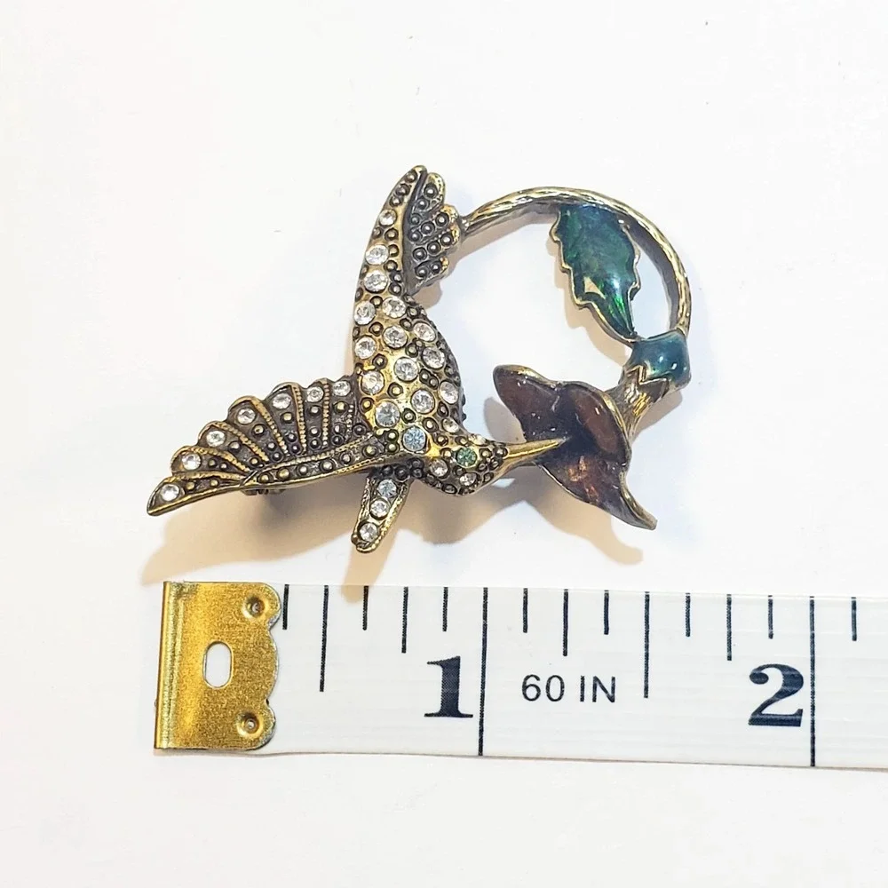 Vintage Brass Tone Metal Enamel Clear Rhinestones Hummingbird Flower Brooch Pin